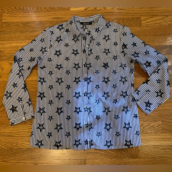 Striped Cut-Out Star Embroidery Long Sleeve Button up Shirt blue size M - Picture 9 of 15